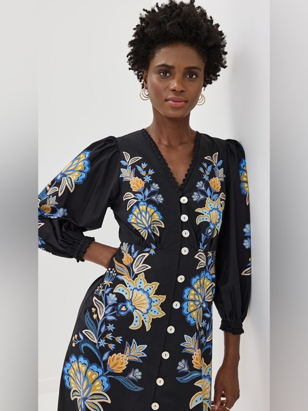 FARM Rio Black Stitched Garden Organic Cotton Midi Dress Size L - Picture 3 of 14